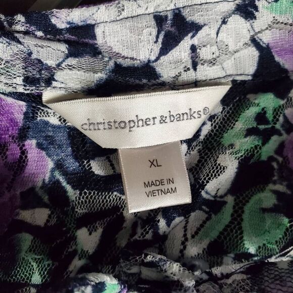 Christopher & Banks XL Purple Floral Lace Button Front Blouse Sheer Lightweight - Picture 5 of 7